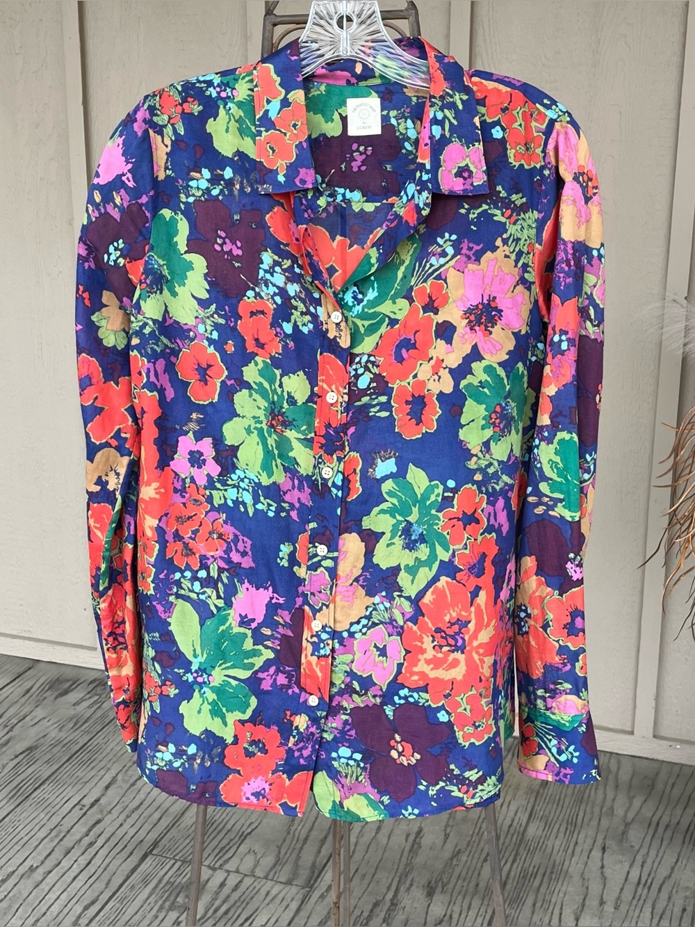 J Crew The Perfect Shirt Silk Blend Button Up Long Sleeves Floral Blue Pinks
